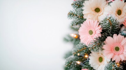 Wall Mural - a christmas tree decorated with pastel gerbera flowers. Early spring concept. Copy space