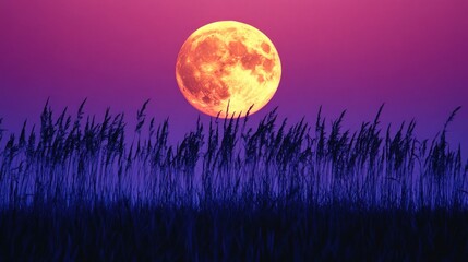 Wall Mural - Full moon rise over tall grass