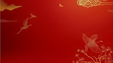 Poster - Elegant Red Background with Golden Cranes and Clouds: A Festive Asian-Inspired Design