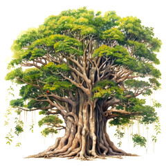 Lush, large banyan tree with exposed roots and hanging vines.