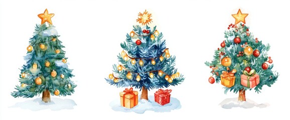 Sticker - A compilation of watercolor Christmas trees and Happy New Year cards and posters.