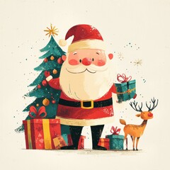 image of a cartoon santa claus with christmas tree, christmas gifts, reindeer in white minimalistic background	