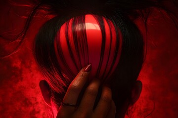 A dramatic close-up of a person with a striking red design on their head, evoking intensity.