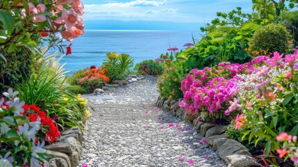 Wall Mural - Beautiful garden pathway leading to the serene ocean, vibrant flowers in various colors, lush greenery on both sides, clear blue sky creating a tranquil atmosphere