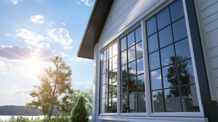Poster - This beautiful lakeside residence features large windows reflecting the vibrant sky and trees, offering scenic views. The bright sunlight enhances the modern architecture, creating a warm atmosphere.