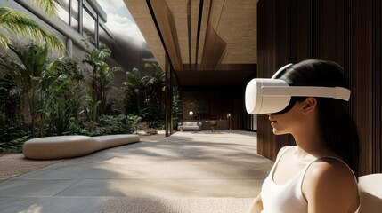 Aufkleber - A woman sits in a contemporary indoor space wearing a virtual reality headset, exploring real estate options.