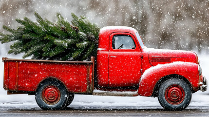 Red vintage truck carrying a Christmas tree in a snowstorm.