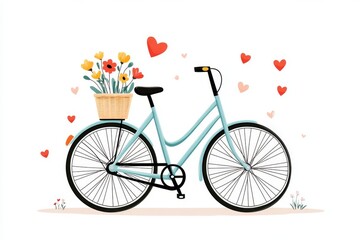 Aufkleber - A simple flat design of a bicycle with a flower basket, rendered in soft pastel colors on a clean white background