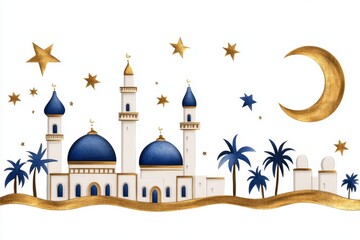 Poster - A simple illustration of a Byzantine dome with stars and moons in gold and blue, rendered in a clean, elegant style on a white background