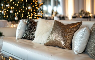 Wall Mural - Elegant holiday living room decor with sparkling pillows and a festive tree at a winter celebration