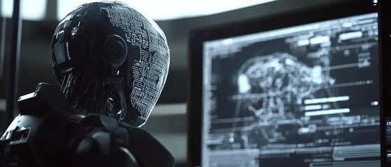 A futuristic robot interacts with a high-tech computer interface displaying data.