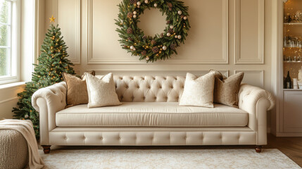 Wall Mural - Elegant living room decorated for the holidays with a cozy sofa and festive wreath