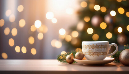 Wall Mural - A delicate teacup sits on a table with festive Christmas lights and ornaments creating a magical bokeh effect in the background.