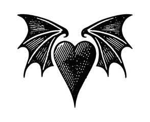 Wall Mural - love shape bat wing devil engraving black and white outline