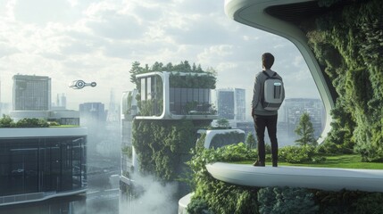 Aufkleber - A person stands on a balcony overlooking a modern city filled with eco-friendly skyscrapers covered in greenery. The sky is cloudy, creating a serene atmosphere, suggesting future urban living.