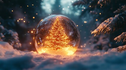 Wall Mural - Winter scene with Christmas tree in glass sphere glowing softly on snow