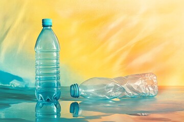 Plastic Water Bottles on Reflective Surface with Soft Yellow and Blue Background Highlighting Environmental Concerns of Waste and Recycling