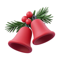 Wall Mural - two red christmas bells with pine 3d render icon isolated on transparent background cutout