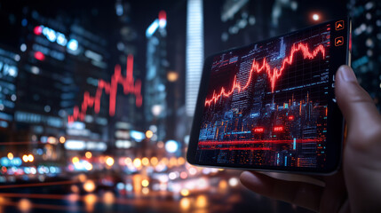Poster - Smartphone displaying stock market data with city skyline background