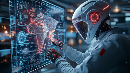 Fototapete - humanoid robot interacting with digital map display, showcasing technology