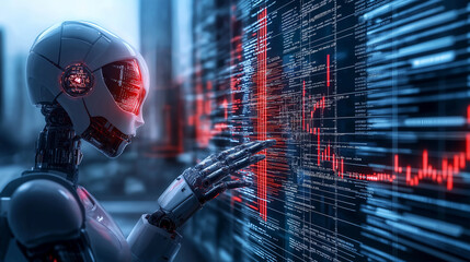 Aufkleber - humanoid robot interacting with digital data displays in futuristic setting
