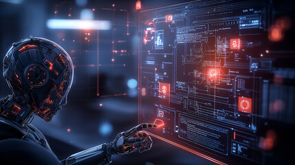 Poster - humanoid robot interacting with digital interface, showcasing technology