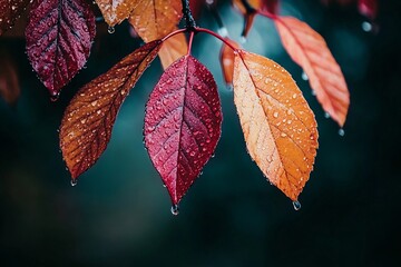 Wall Mural - A detailed shot of wet autumn leaves with vibrant colors like red, orange, and yellow, gently illuminated by soft natural light, hanging from a tree branch on a rainy day 3