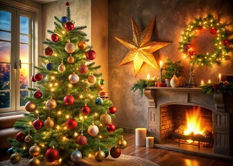 Wall Mural - Enchanting Home Christmas Tree Decor with Twinkling Lights and Ornaments Capturing the Spirit of the Holiday Season in a Cozy Living Room Setting