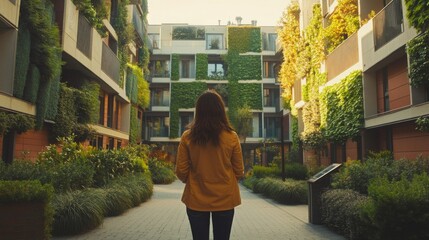 Poster - A person walks through a vibrant urban courtyard surrounded by modern residential buildings adorned with lush greenery. This scene highlights a harmonious blend of nature and architecture.