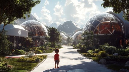 Poster - A child stands on a paved path in a futuristic neighborhood featuring geodesic dome homes.