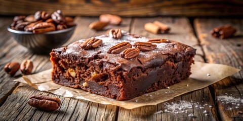 Wall Mural - A freshly baked, fudgy brownie topped with pecan halves and a sprinkle of powdered sugar, resting on parchment paper atop a rustic wooden surface.