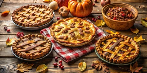 Wall Mural - A Rustic Autumnal Spread Featuring Homemade Apple Pies and Pecan Pie Decorated with Fall Leaves and Cranberries