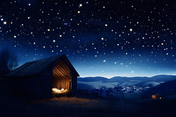 Sticker - Wooden Stable at Dark Blue Starry Night, Jesus Christ Birth Conceptm, Nativity Scene