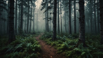  Misty forest in vintage retro style.