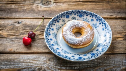 Wall Mural - A single powdered donut on a blue and white patterned plate with two cherries in the background on a rustic wooden table