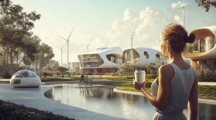Poster - A woman stands by a serene waterway, enjoying a coffee while observing modern homes designed with sustainability in mind.