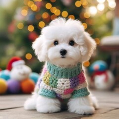 Wall Mural - Adorable White Puppy Christmas Sweater Festive Season Holiday Cheer footage