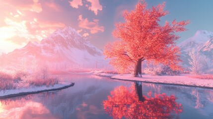 Sticker - Serene Winter Landscape: A Crimson Tree by a Tranquil Lake