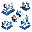 © Michel - isometric illustrations of people working at their desks in an office setting.