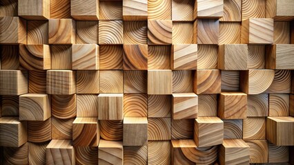 Aufkleber - A close-up view of a wooden wall constructed from a repeating pattern of stacked, natural, square blocks, each showcasing intricate grain patterns and varying tones of brown and beige.