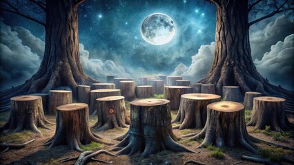 Poster - A ring of tree stumps under a full moon, surrounded by a night sky with stars, surrounded by the roots of ancient trees
