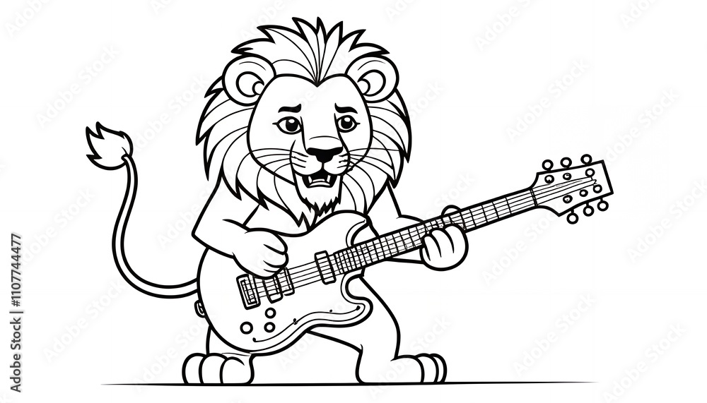 Roaring Musician: A Lion Playing Electric Guitar, Cartoon Illustration ...
