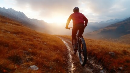 a lone cyclist tackles a rugged mountain trail at sunrise, showcasing determination and adventure in