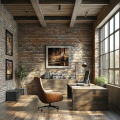 Aufkleber - Unfinished project of country style coworking office interior. 3D Rendering
