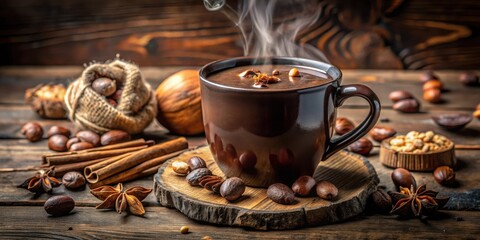 Poster - A steaming mug of hot chocolate with a dusting of cocoa powder and cinnamon sticks, surrounded by fragrant spices and nuts on a rustic wooden table.