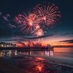 Poster - Spectacular Fireworks Display Over Seaside Pier at Night