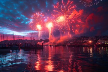 Poster - Spectacular Fireworks Display Over a Calm Harbor at Night