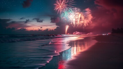 Poster - Spectacular Night Fireworks Show on a Serene Beach