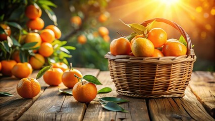 Sticker - A basket overflowing with juicy oranges, bathed in warm sunlight, rests on a rustic wooden table, surrounded by scattered fruit and fresh leaves.