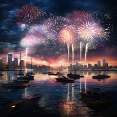 Poster - Spectacular Fireworks Display Over City Harbor at Night